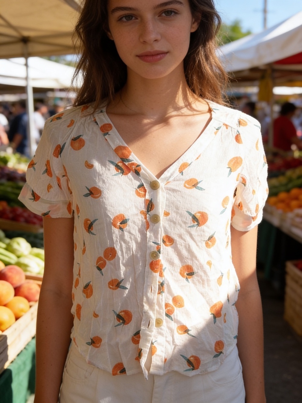 Anthropologie Cream Button-Up Top with Orange Fruit Print